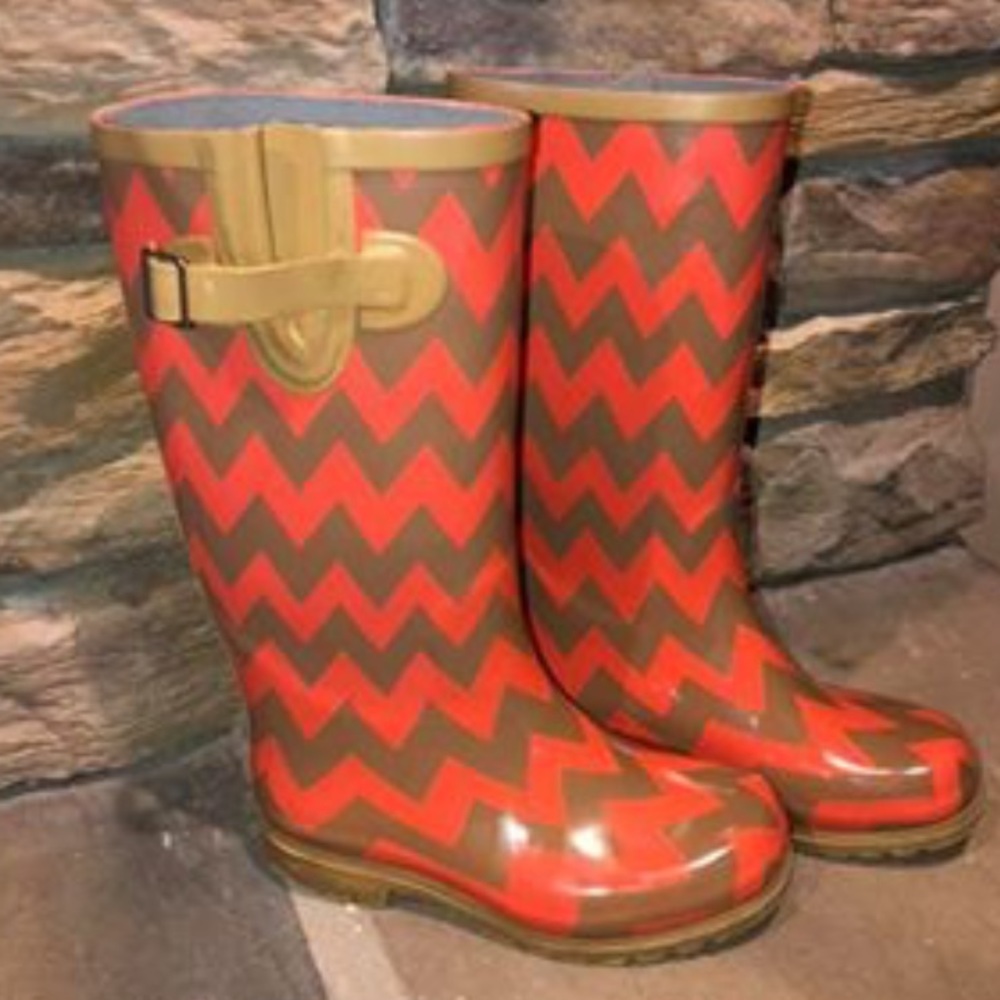 Coral and Tan Rain Boots